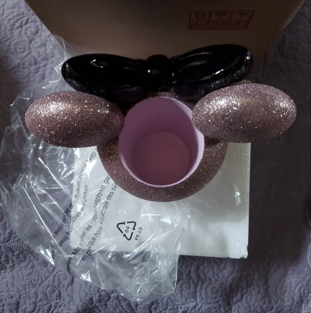 Glittery Pink Minnie Mouse Ears Black Bow Ceramic Accessory Makeup Tumbler BNWT